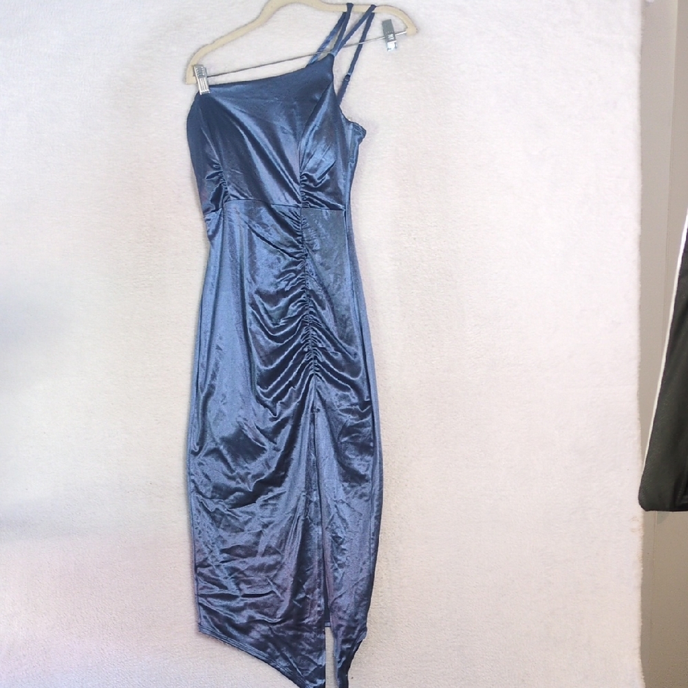 Honey & Rosie Junior's Blue Satin Ruched Asymmetrical One Strap‎ Dress Size S